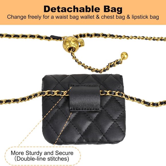 Mini Quilted Chain Crossbody Handbag, Waist Bag Purse Fanny Pack Black - Picture 7 of 7
